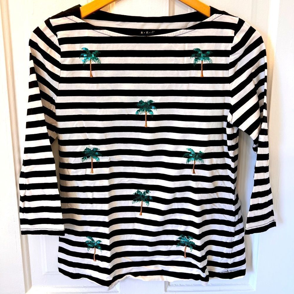 a new day // Palm Tree Embroidered Striped Boatneck Tee